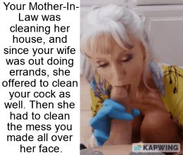 Mother-in-law cleans cock