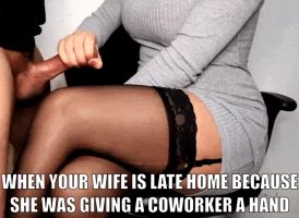 Your slut wife is giving handjobs to guys at work CUCKOLD CAPTIONED
